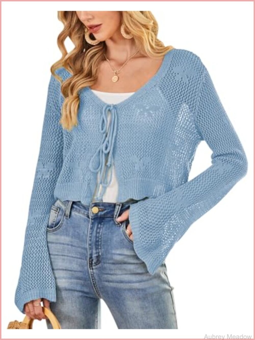 Crochet Cardigan Tie Front Bell Sleeve Open Knit Sweater
